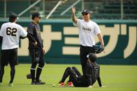 試合前の練習に合流した森下