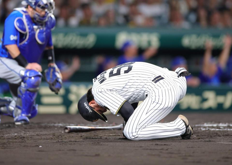 ２回、前川は手首付近に死球を受け、倒れ込む（撮影・坂部計介）