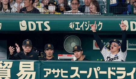 １５日のＤｅＮＡ戦の２回、梅野が二盗阻止し喜ぶ佐藤輝（左）と森下（右）＝撮影・西田忠信