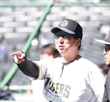 試合前練習を見る藤川監督（撮影・西田忠信）