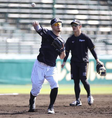 三塁でノックを受ける佐藤輝（撮影・坂部計介）