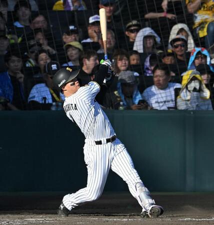 ５回、ソロを放つ森下（撮影・飯室逸平）