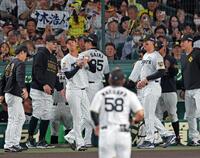 １６日のＤｅＮＡ戦で、ナインを迎える森下（右から２人目）と佐藤輝（左から２人目）＝撮影・立川洋一郎