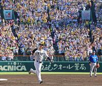５回、ソロを放ち大歓声の中、本塁へ向かう森下（撮影・立川洋一郎）