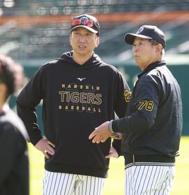 藤川監督（左）と話す平田ヘッドコーチ（撮影・西田忠信）