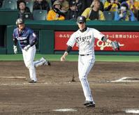 ７回西武１死、森友哉（左）を左飛に打ちとる阪神の藤浪晋太郎＝甲子園（撮影・持木克友）