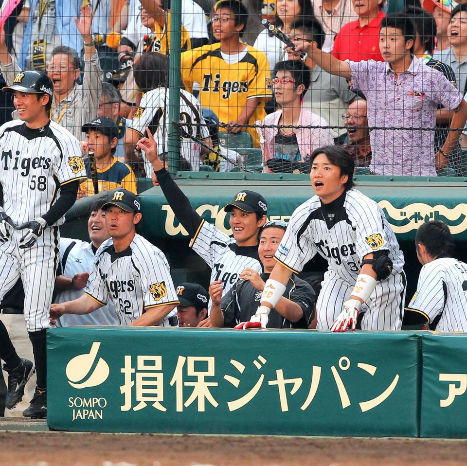 ９回、マートンのサヨナラ２ランにベンチで歓喜する阪神・藤浪晋太郎ら阪神ナイン＝甲子園（撮影・飯室逸平）