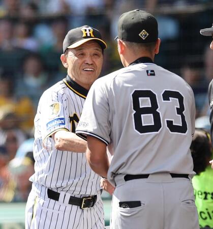 　巨人との最終戦、阿部監督と握手をする岡田監督（１０月２３日）