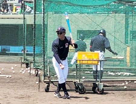 　ＯＢＣ高島の野原祐也監督は、試合前にノックを行う＝鳴尾浜