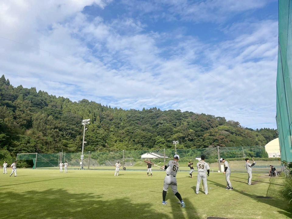 　フェニックスＬ西武戦の後、芝生の上で素振りする若虎たち