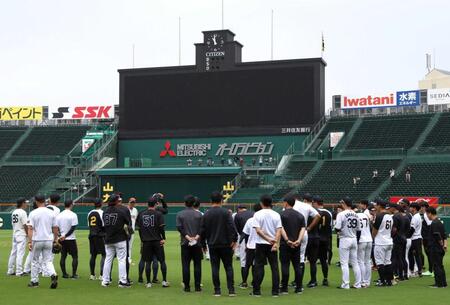 　練習前、円陣を組む阪神ナイン＝１８日