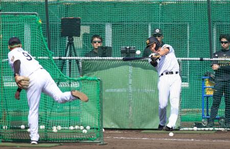 　打撃投手の北川コーチ（左）が通常より近い位置で投げる状態でフリーバッティングを行った立石（撮影・坂部計介）