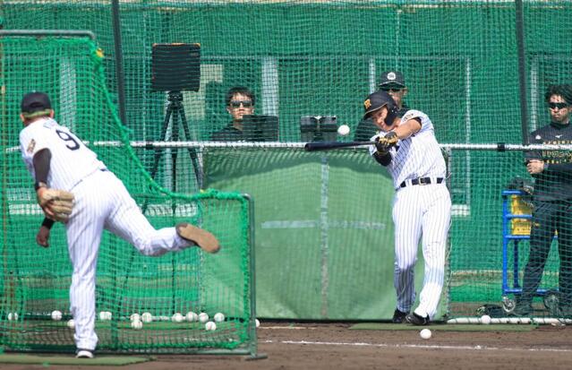 　打撃投手の北川コーチ（左）が通常より近い位置で投げる状態でフリーバッティングを行った立石（撮影・坂部計介）