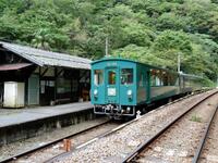 　土讃線を走るトロッコ列車。前方の車両が窓なし、後方が窓あり＝坪尻駅