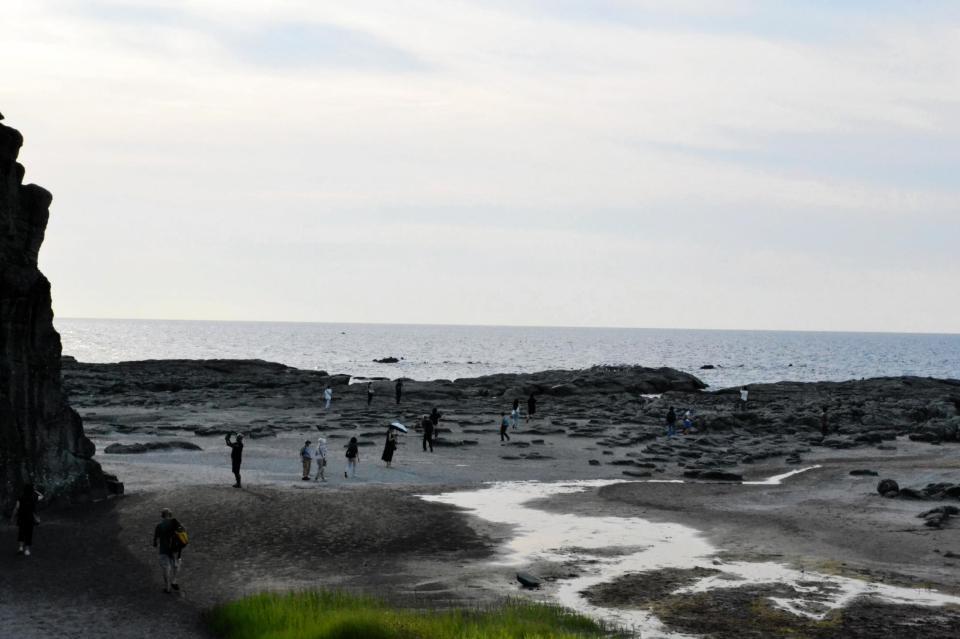 　「リゾートしらかみ」の乗客は停車中に千畳敷を散策する