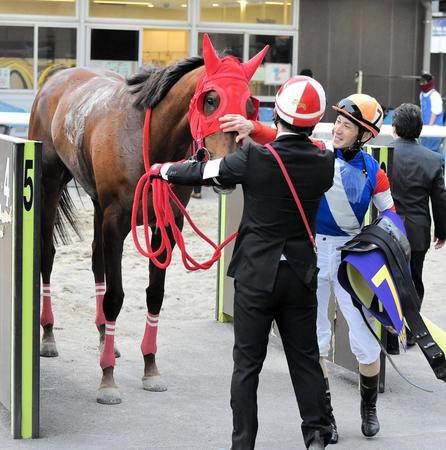 　引退レースを終え矢野から労われるサルサディオーネ