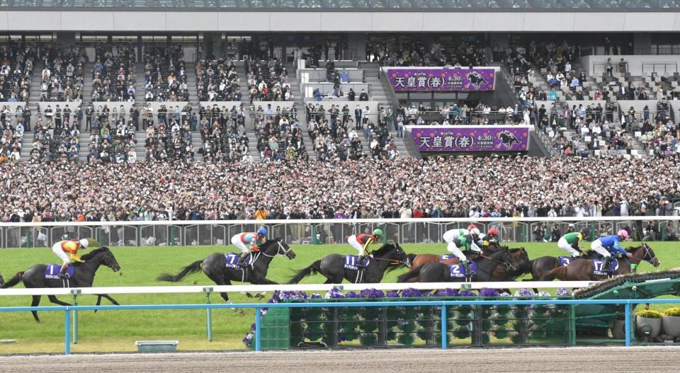 　追走するタイトルホルダー（右から２頭目）。左は春の天皇賞を制したジャスディンパレス（撮影・石井剣太郎）