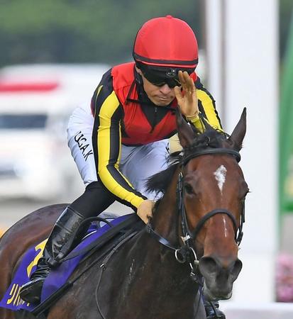 　オークスを制しリバティアイランドの頭をポンとなでる川田（撮影・三好信也）