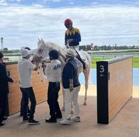 　デビュー戦を３着で終え、引き上げてきたカルパと武豊