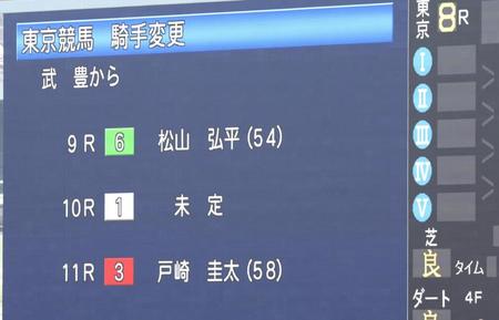 　本栖湖特別発走前にドウデュースの乗り替わりを発表するターフビジョン