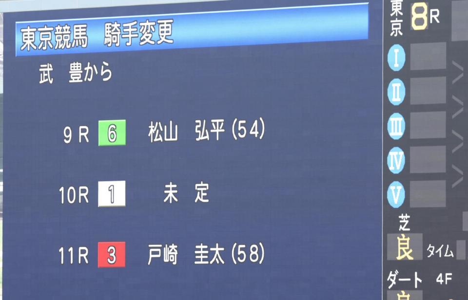 　本栖湖特別発走前にドウデュースの乗り替わりを発表するターフビジョン
