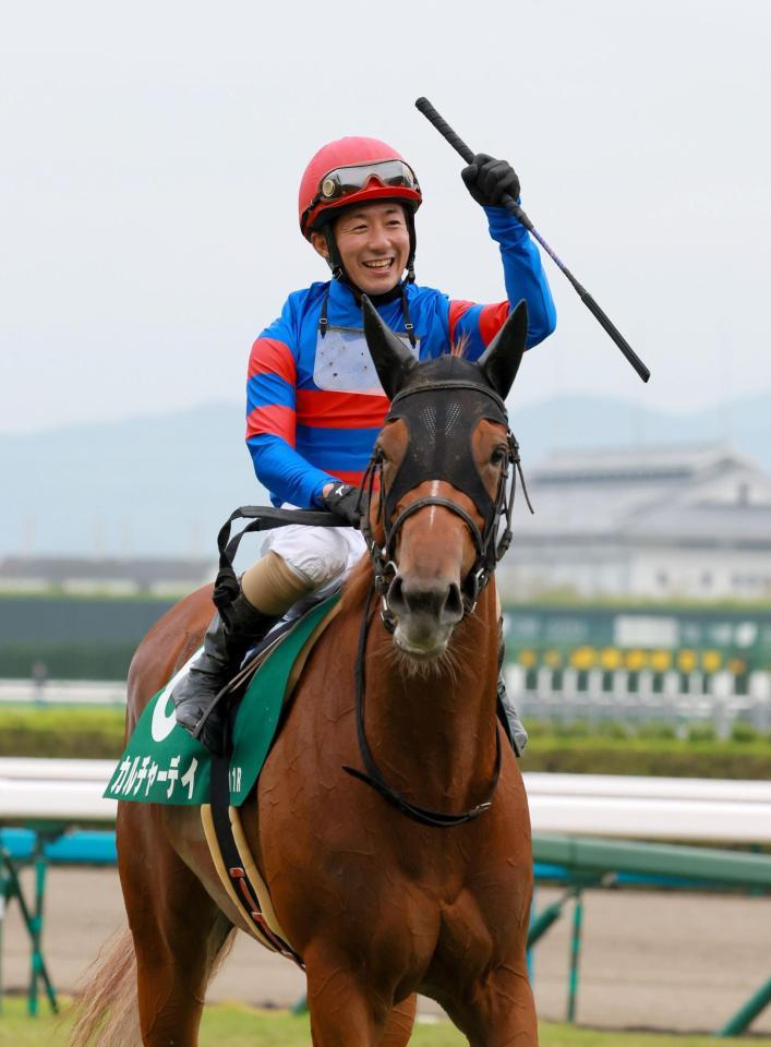 　ガッツポーズを見せる酒井学とカルチャーデイ（撮影・石湯恒介）