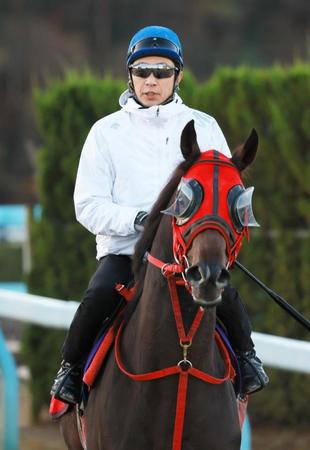 　追い切りを終えたエコロヴァルツと武豊（撮影・石湯恒介）