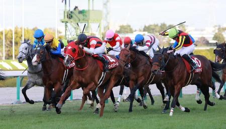 　ゴール前で抜け出すウインマーベル（左から３頭目）＝阪神競馬場（撮影・石湯恒介）