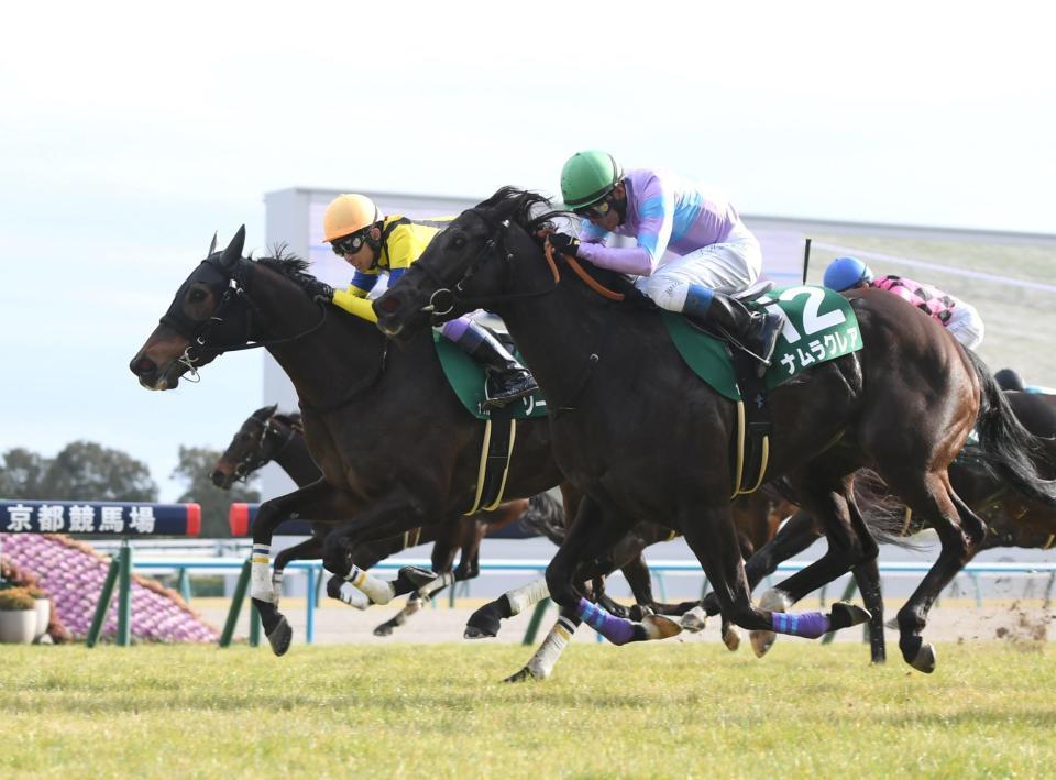 　京都牝馬Ｓを制したソーダズリング（左）＝撮影・石井剣太郎