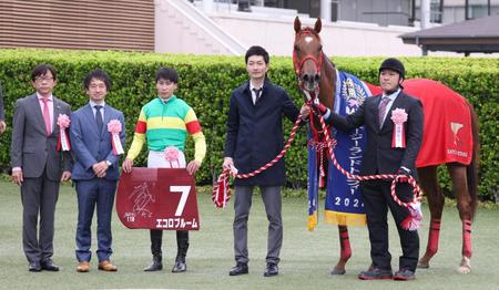 　ニュージーランドＴを勝利したエコロブルームと横山武（左から３人目）。左端は加藤征師