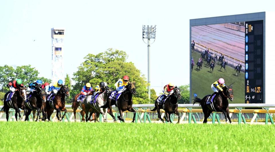 　最後の直線で突き抜け圧勝したジャンタルマンタル（右端）＝撮影・園田高夫