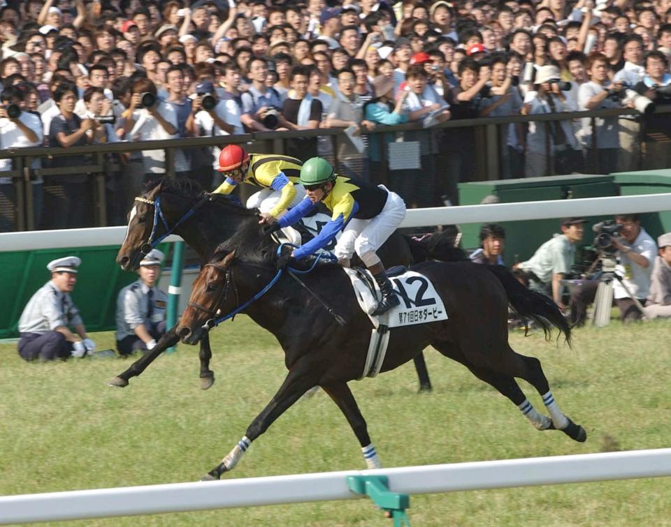 　圧倒的な力で変則２冠を達成したキングカメハメハ（手前）＝２００４年５月３０日・東京競馬場