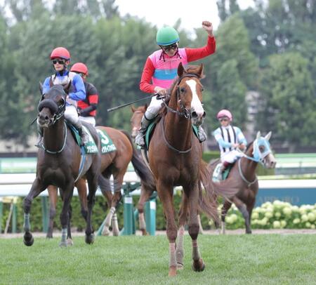 　エルムＳを制し、ペイシャエスの鞍上でガッツポーズの横山和（撮影・西岡正）