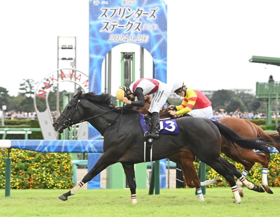 　先頭でゴールを駆け抜けたルガルとＧ１初制覇にガッツポーズする西村淳（撮影・園田高夫）