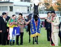 　有馬記念を制したゼンノロブロイ。右奥が藤沢和雄調教師＝０４年１２月２６日、中山競馬場
