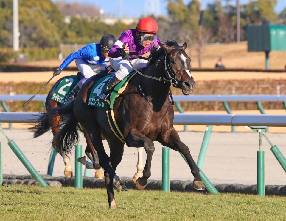 　シンザン記念を制した浜中騎乗のリラエンブレム（右）