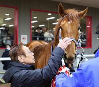 　東京新聞杯を勝利したウォーターリヒトをねぎらう河内師