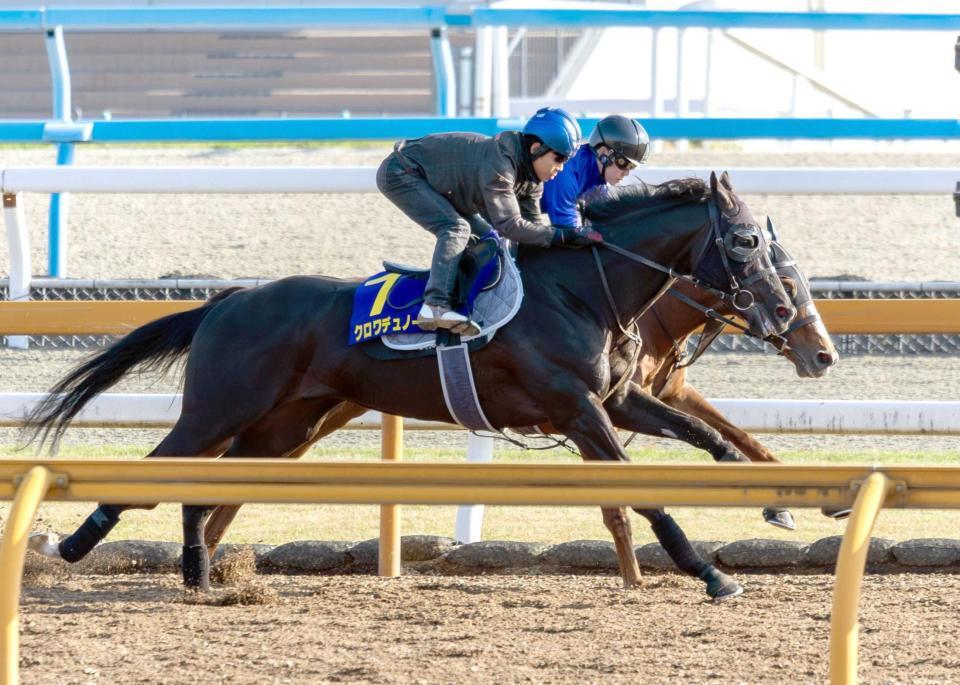 　北村友とともに無傷での皐月賞制覇を狙うクロワデュノール（手前）＝撮影・石湯恒介