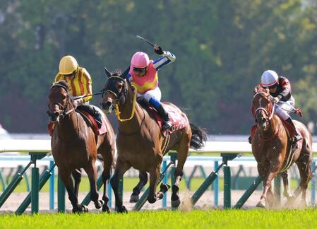 　岩田康誠のステッキに応え、末脚を伸ばすロングラン（中央）＝撮影・石湯恒介