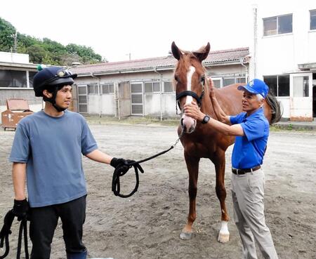 　初入厩した名牝アーモンドアイの２番子プロメサアルムンドを優しくなでる国枝師（右）