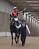 　アスコリピチェーノでヴィクトリアマイルを制し手を挙げるルメール（撮影・持木克友）