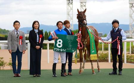 　葵Ｓを制したアブキールベイと関係者ら（撮影・石湯恒介）