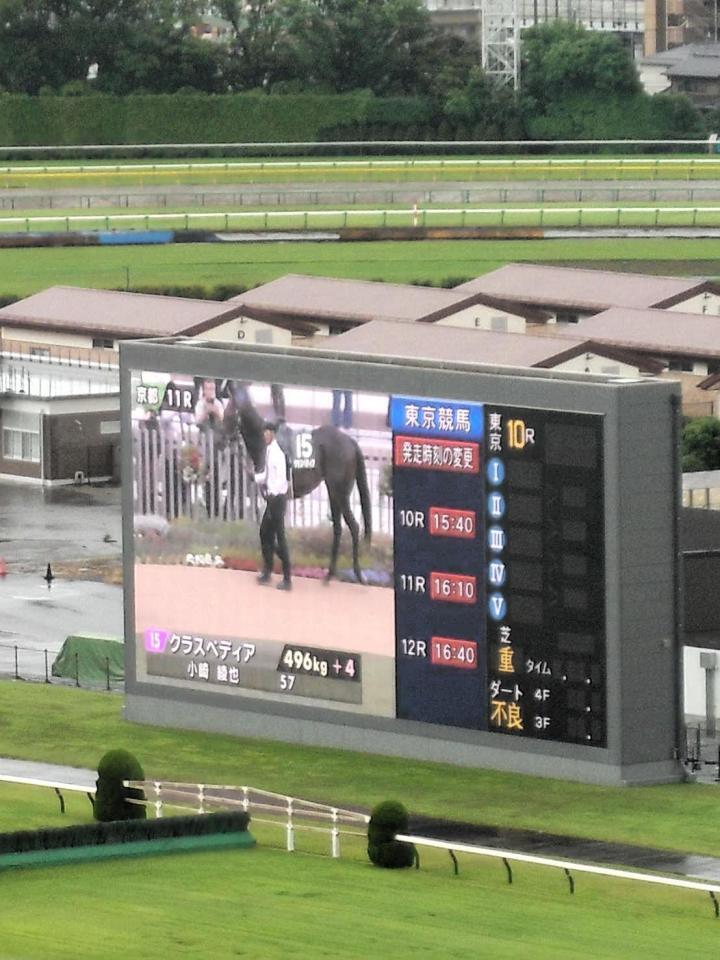 　東京競馬の発走時刻の変更を伝えるターフビジョン