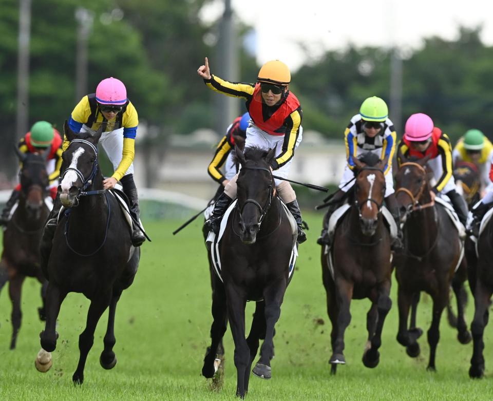 　日本ダービーを制したクロワデュノール（中央）とナンバーワンポーズをする北村友（撮影・園田高夫）
