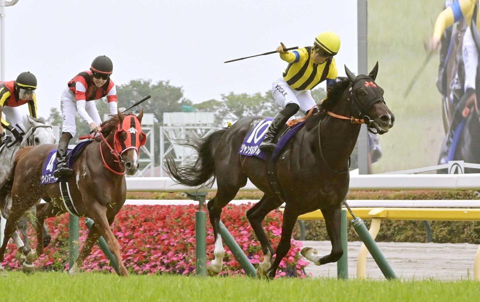 　安田記念をジャンタルマンタルで制し指をさす川田（撮影・持木克友）