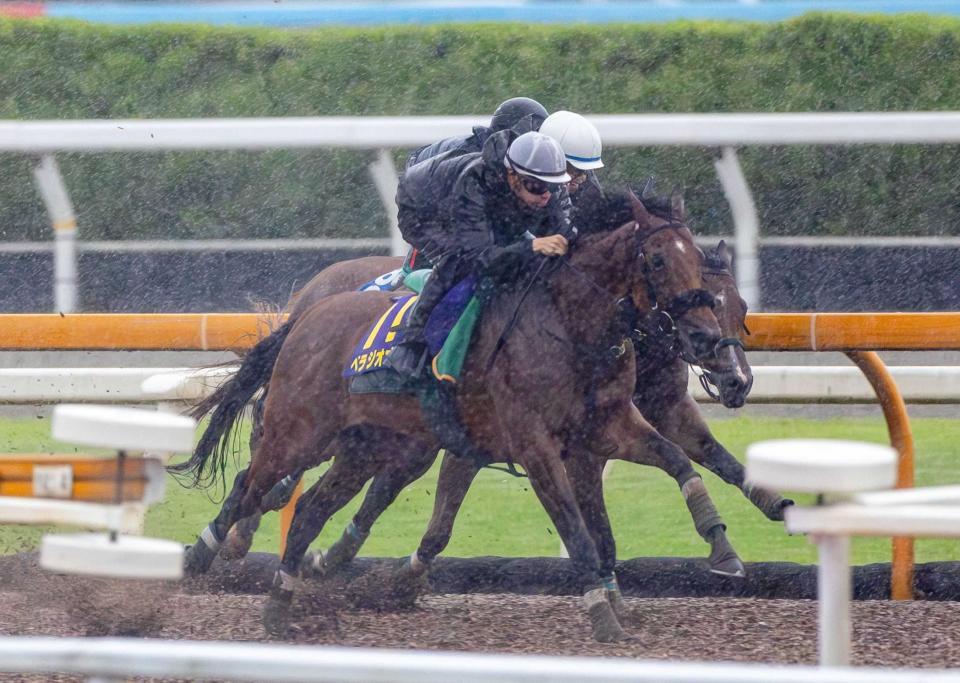 　雨で馬場が悪い状況でも力強い動きを見せたベラジオオペラ（手前）＝撮影・石湯恒介