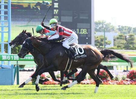 　外からティニアを差し切ったエーティーマクフィの馬上でガッツポーズする藤岡佑