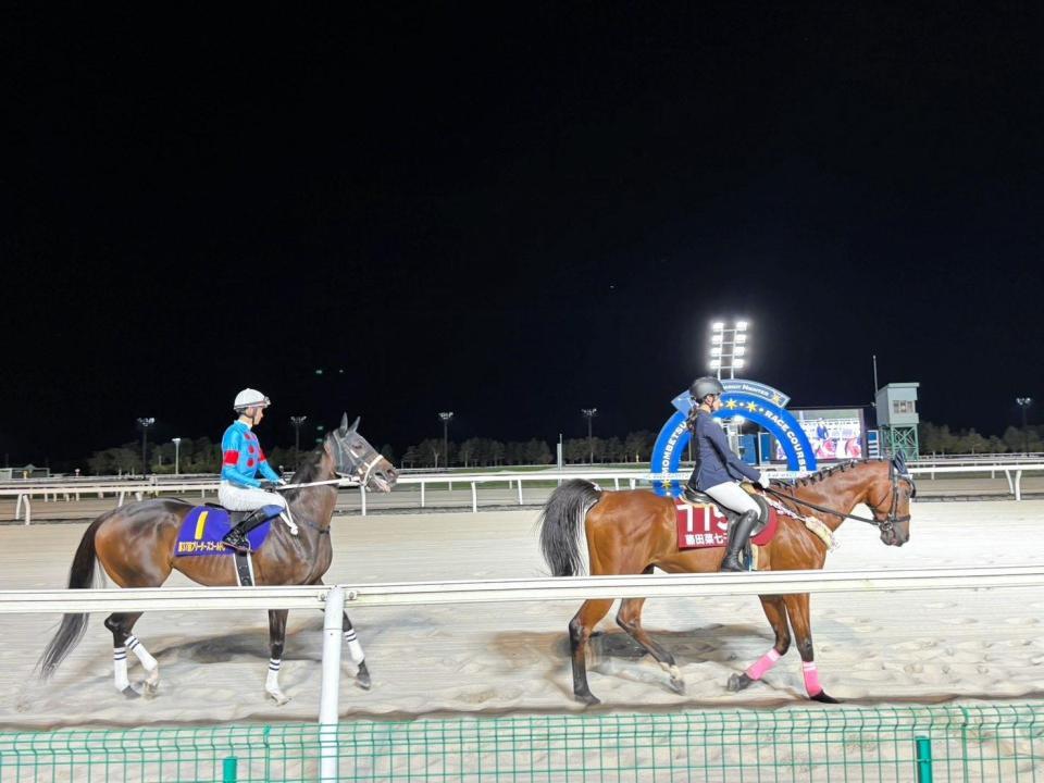 　誘導馬に騎乗した藤田菜七子さん（右）と同期の坂井が騎乗したダブルハートボンド