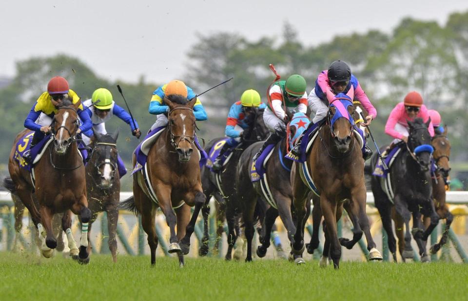 好位から抜け出してオークスを制したメイショウマンボ（右手前）＝２０１３年５月１９日