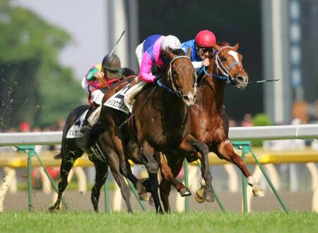 アドマイヤメイン（右）と叩き合うメイショウサムソン（中央）＝２００６年５月